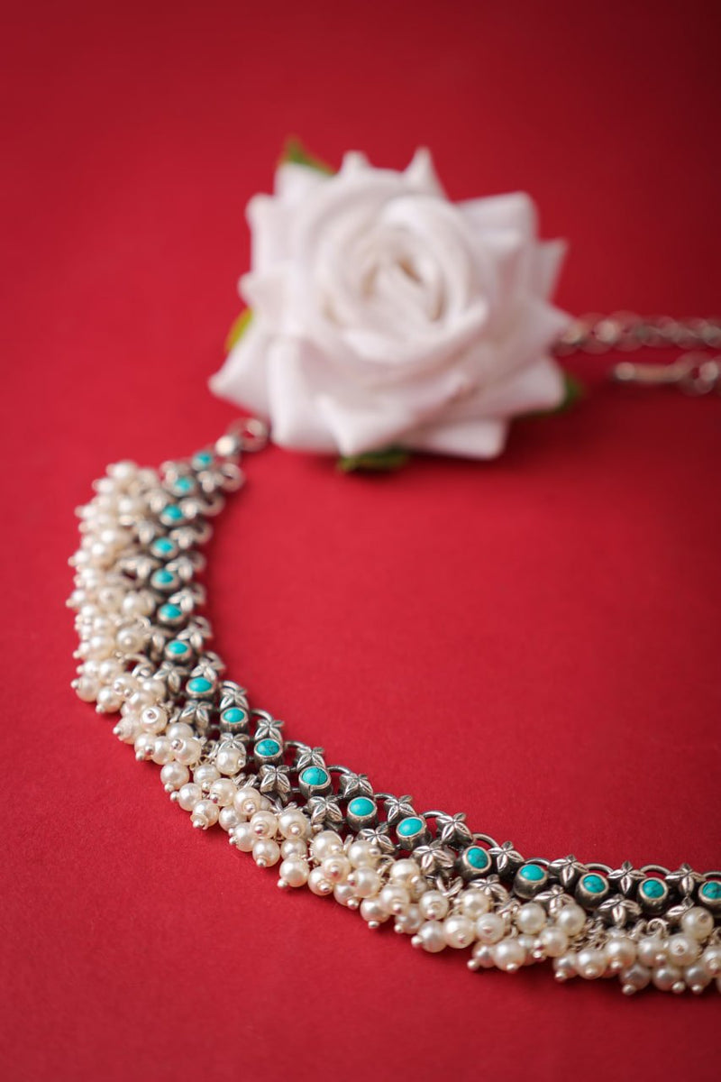 92.5 sterling silver Tattva Turquoise Jadau Pearl Drop Classic Necklace, view 5