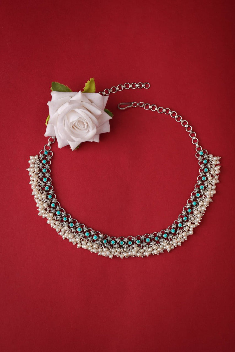 92.5 sterling silver Tattva Turquoise Jadau Pearl Drop Classic Necklace, view 4