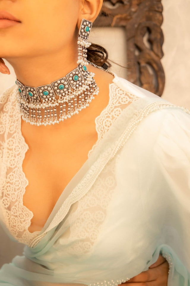 Tattva Turquoise Jadau Tikdi Sequence Pearl Layered Necklace Set