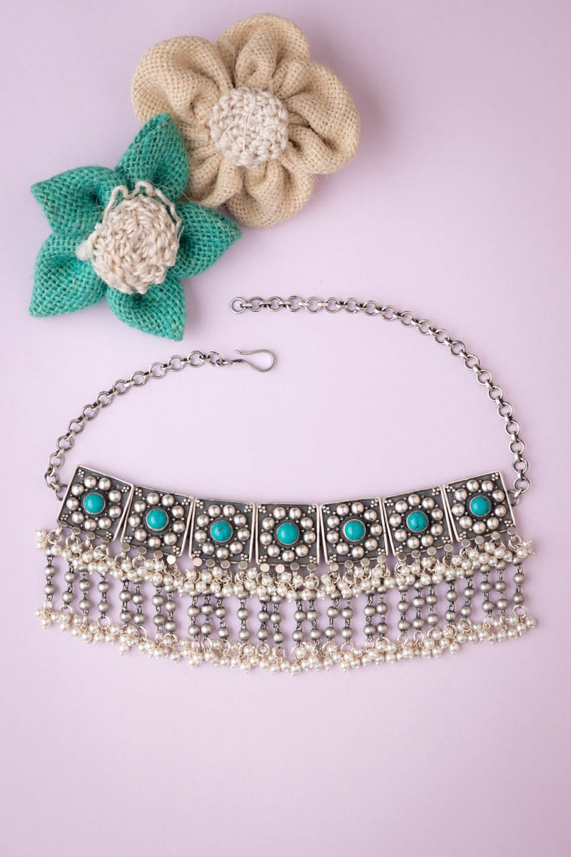 Tattva Turquoise Jadau Tikdi Sequence Pearl Layered Necklace Set