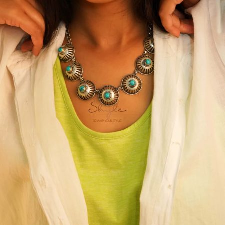 Tattva Turquoise Embossed Carved Sequence Necklace model